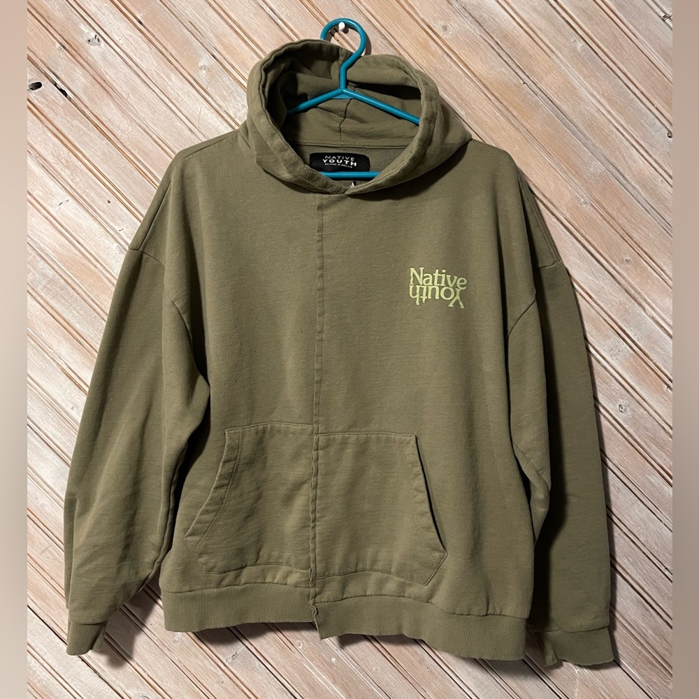 Native Youth olive green mismatched cut off hoodie sweater pullover comfy XL